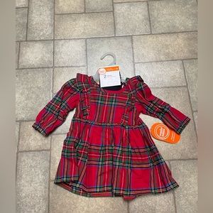 Baby girls red plaid dress with footed black tights NWT